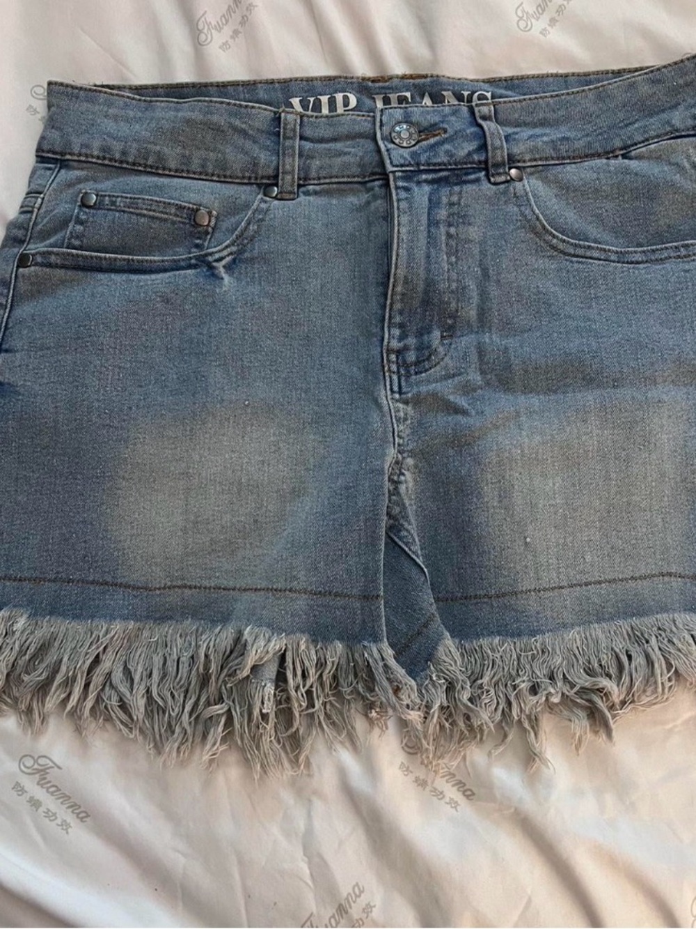 VIP Light Wash Frayed Hem Denim Shorts